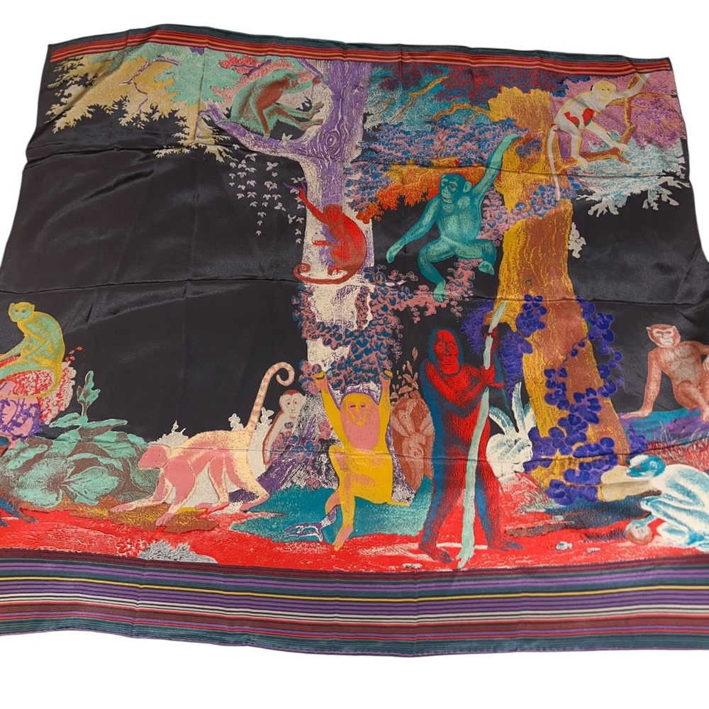 Issey Miyake Tandoori Yokoo primates vintage 1976 Rainbow 100% silk scarf 31" sq
